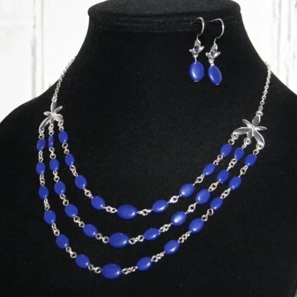2009 IOB Avon Multi-Row Blue Bead Necklace Earrings Set, 3-Tier